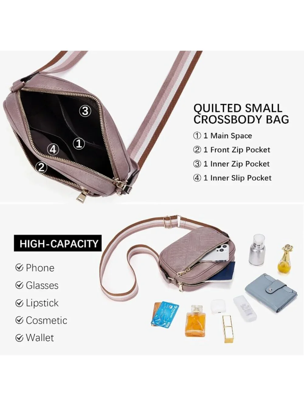 Women's Purple Leather Crossbody Purses Shoulder Handbags with Wide Strap